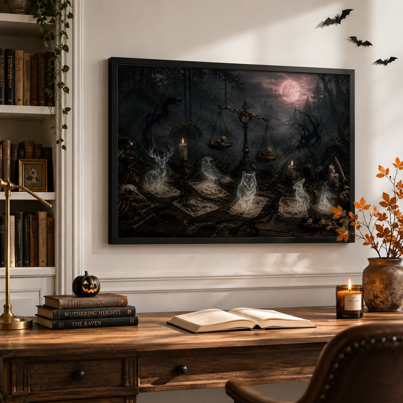 Animaux totems lumineux sur des cartes de tarot, tableau sur toile pour l'Halloween au clair de lune, H 12 po x l 18 po