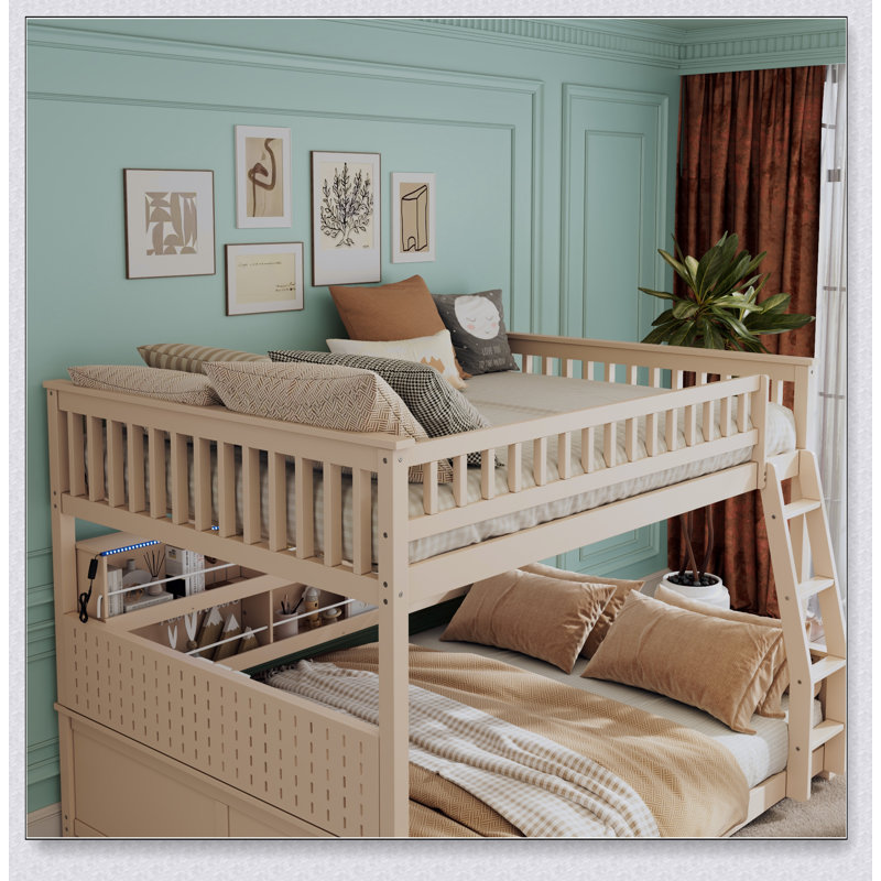 Full XL Over Queen Bunk Bed With Integrated Shelving, Color-Changing Lights And Pegboard, Beige, Full