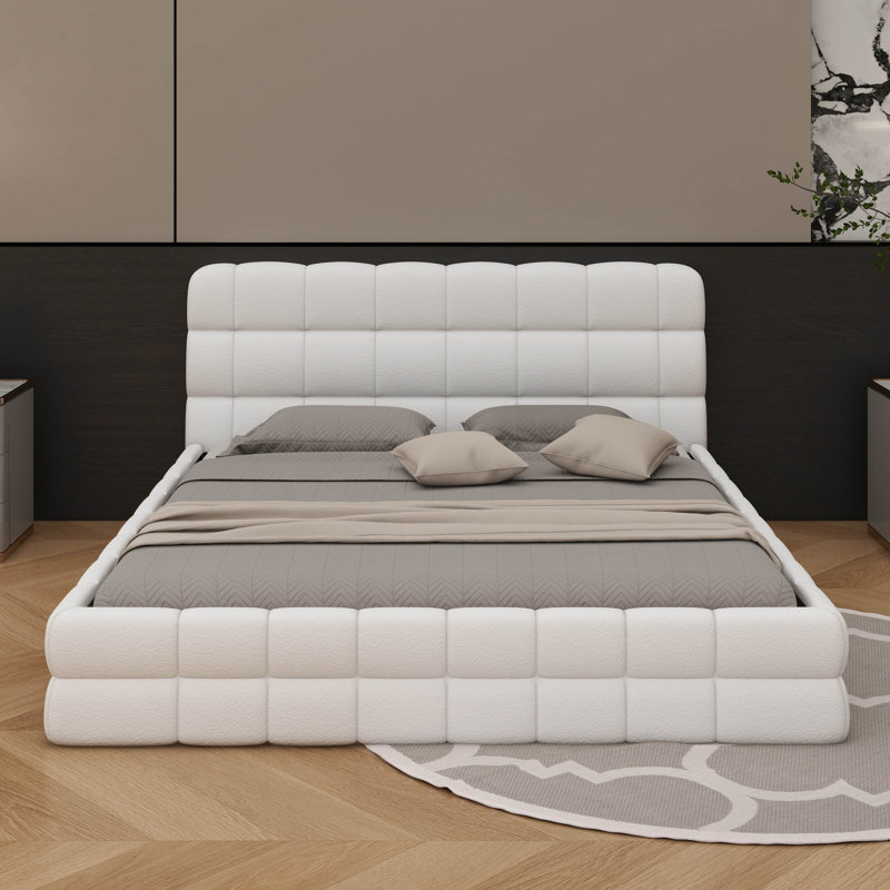 Grand lit plateforme (conception tapissée), Blanc