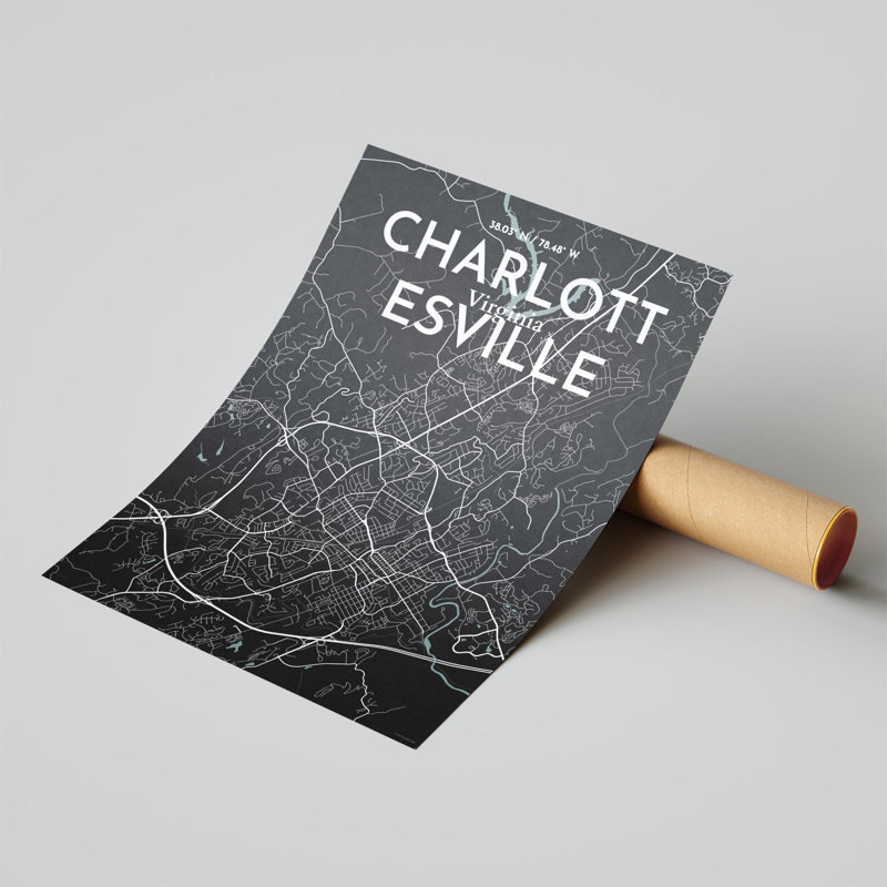 Charlottesville, carte de la ville, impression graphique, H 24 po x l 18 po x P 0,05 po, Gris / noir