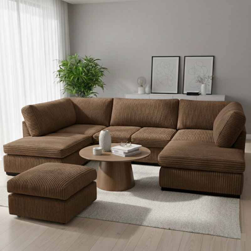 7 Seater Corduroy Corner Sofa, Brown