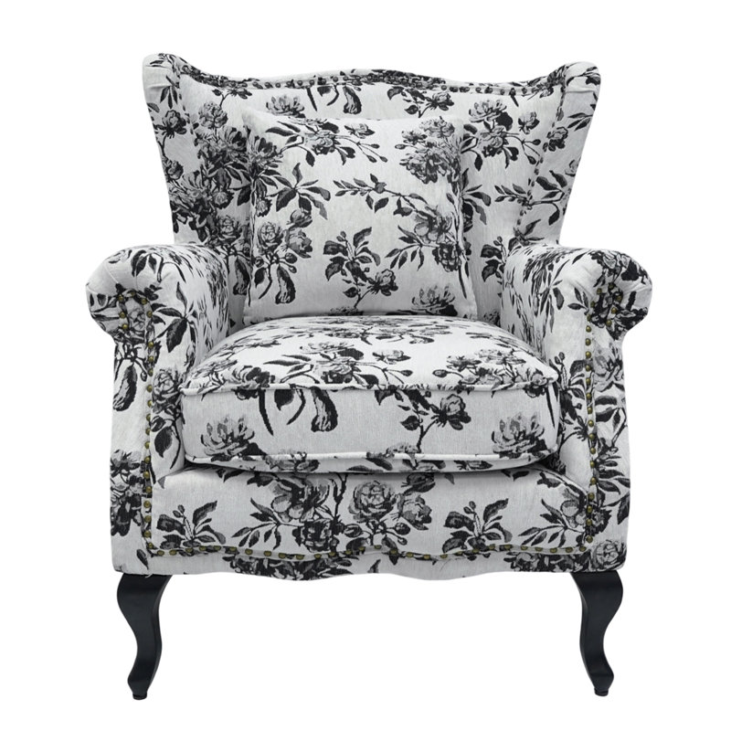 Vintage Floral Wingback Armchair with Black Rubberwood Legs