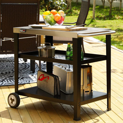 Rolling Dining Table with Trash Bag Holder, Outdoor Garden Patio BBQ Kitchen Food Prep Table Cart
