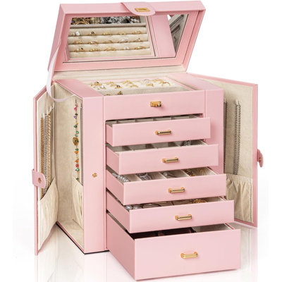 Large Leather Jewelry Box Organizer With Mirror - Multi-Layer Storage Case For Rings, Necklaces, Earrings, Bracelets, And More - Durable Design With Pull-Out Drawers And Hidden Cabinets