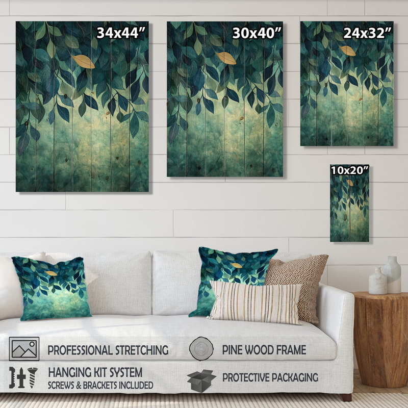 Feuilles vertes et bleues, forêt tranquillité II - impression sur bois de feuilles - sur bois de pin naturel