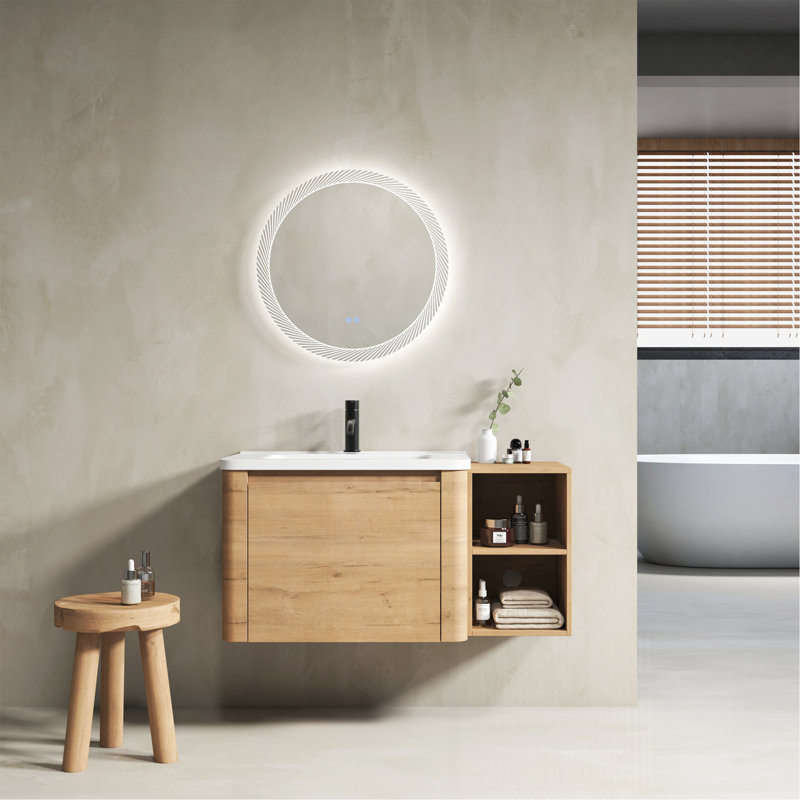 Meuble-lavabo mural de 40 po avec lavabo en céramique blanche et tablettes de rangement et 1 porte à fermeture en douceur, emballage KD, contreplaqué