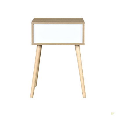 Side Table With 1 Drawer And Rubber Wood Legs, Mid-Century Modern Storage Cabinet For Bedroom Living Room Furniture