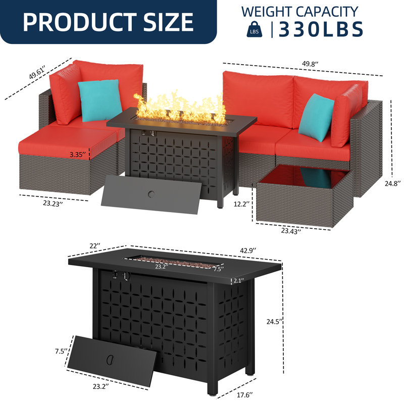  6-Piece Outdoor Rattan Patio Set with Fire Pit Table, Red