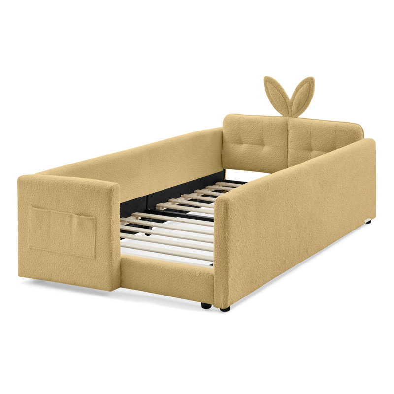 Lit simple avec housse en forme de boucle, tête de lit en forme d'oreille de lapin, rail et pochette de rangement, convient à un agencement de chambre à coucher