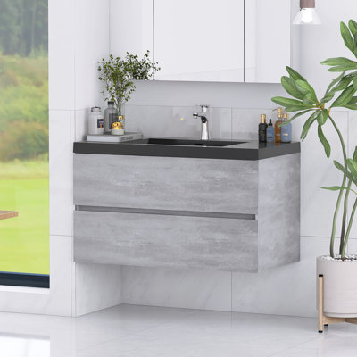 Modern Wall-mounted Bathroom Vanity with Black Quartz Sand Top Basin