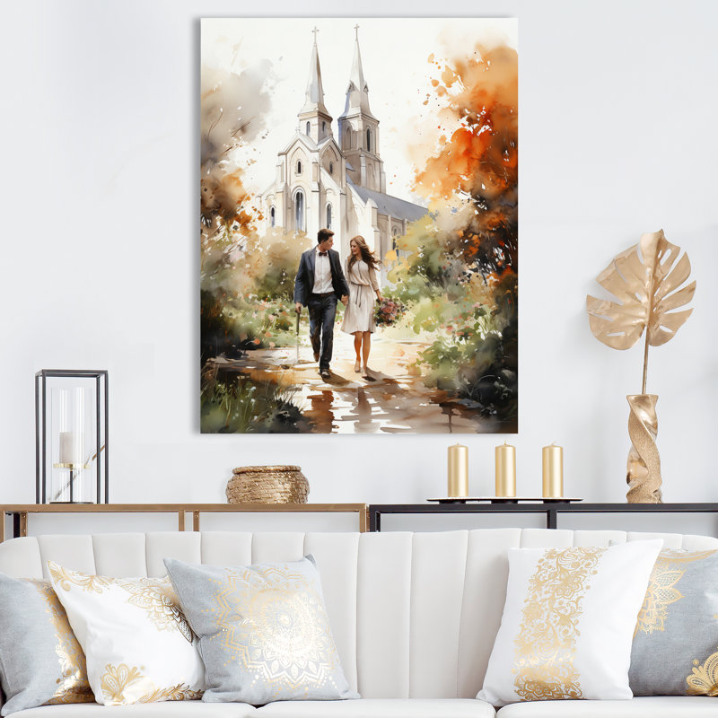 Couple in Love, chapelle de mariage, aquarelle rustique - reproduction sur toile, H 40 po x l 30 po x P 1,5 po, Toile tendue