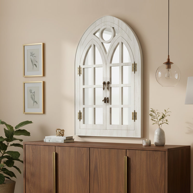 Solid Wood Arched Window Mirror With Opening Doors – Farmhouse Wall Mirror For Bathroom Vanity, Rustic Decorative Mirror