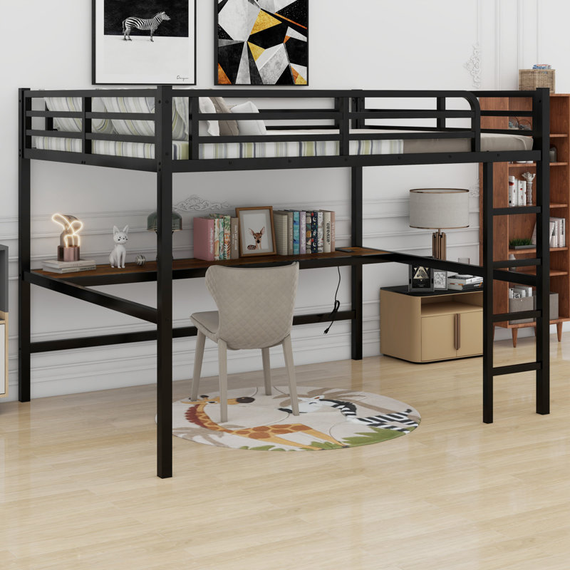 Metal Loft Bed With Power Outlet And LED Lighted
