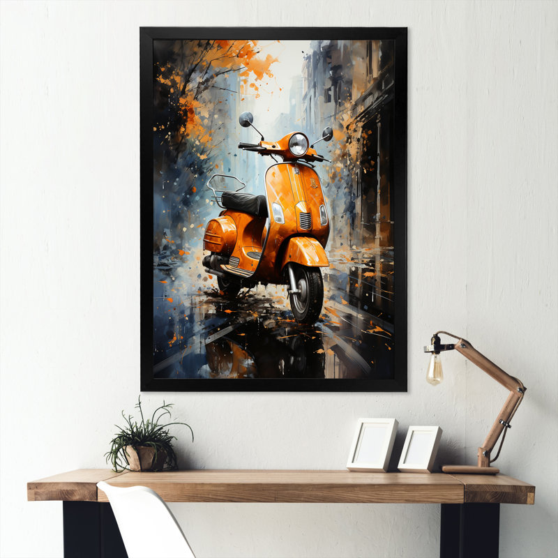«Orange Urban Scooter Vibes» sur toile, Cadre simple noir, H 20 po x l 12 po x P 1 po