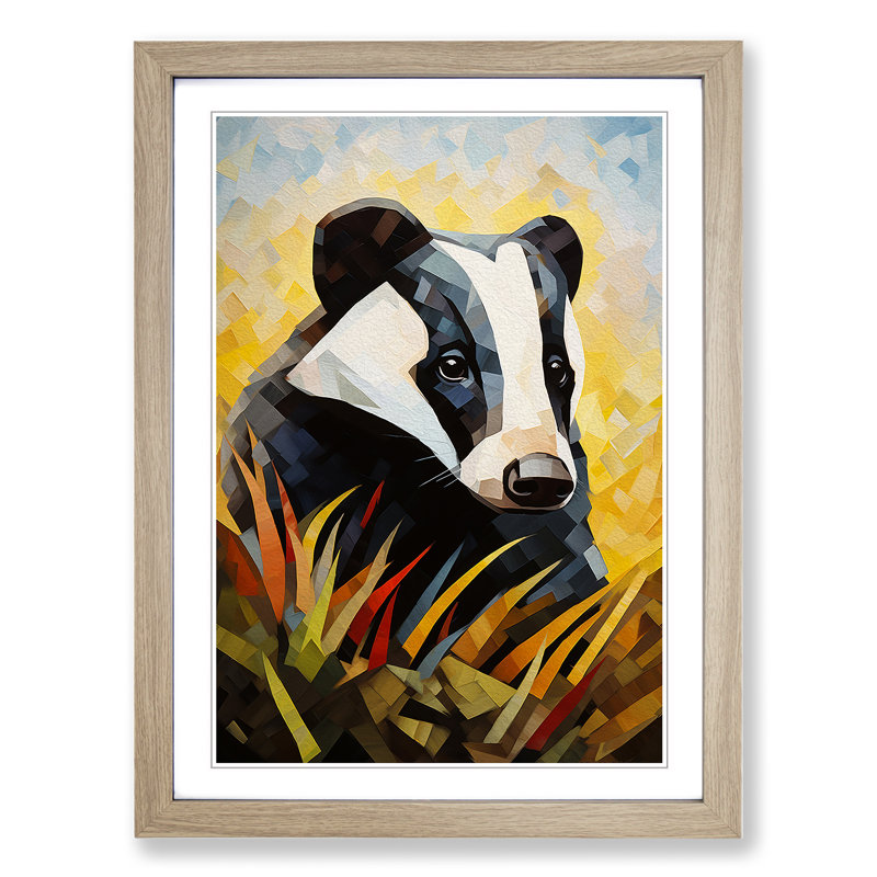 Badger Cubism Art - Framed Print, 64cm H x 46cm W, Oak Framed