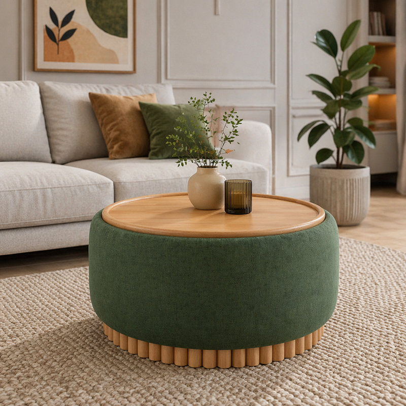 Repose-pieds de rangement rond 29 po avec pieds en bois massif, table basse moderne avec couvercle réversible, structure en bois, tissu chenille