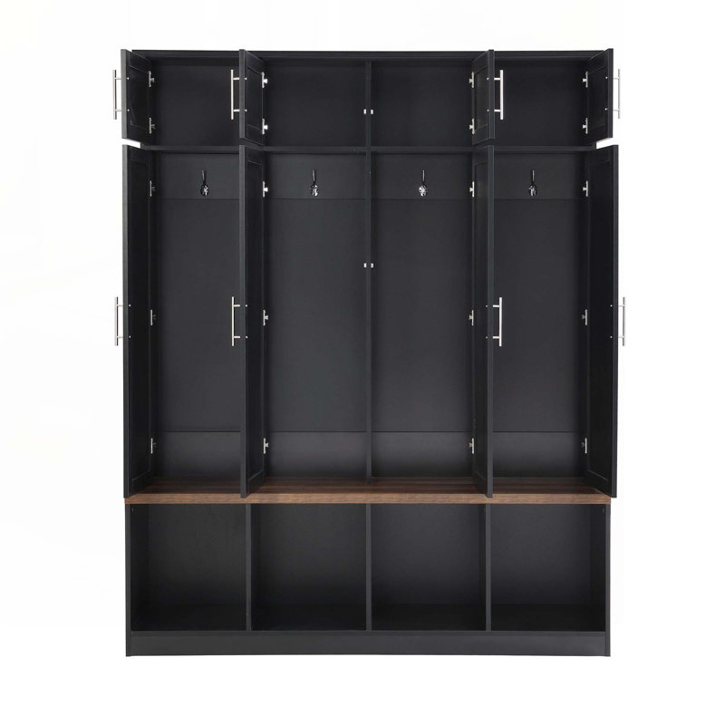 Hall Tree with 4 Hanging Hooks, Wood Grain Bench with Multiple Storage Space, Black
