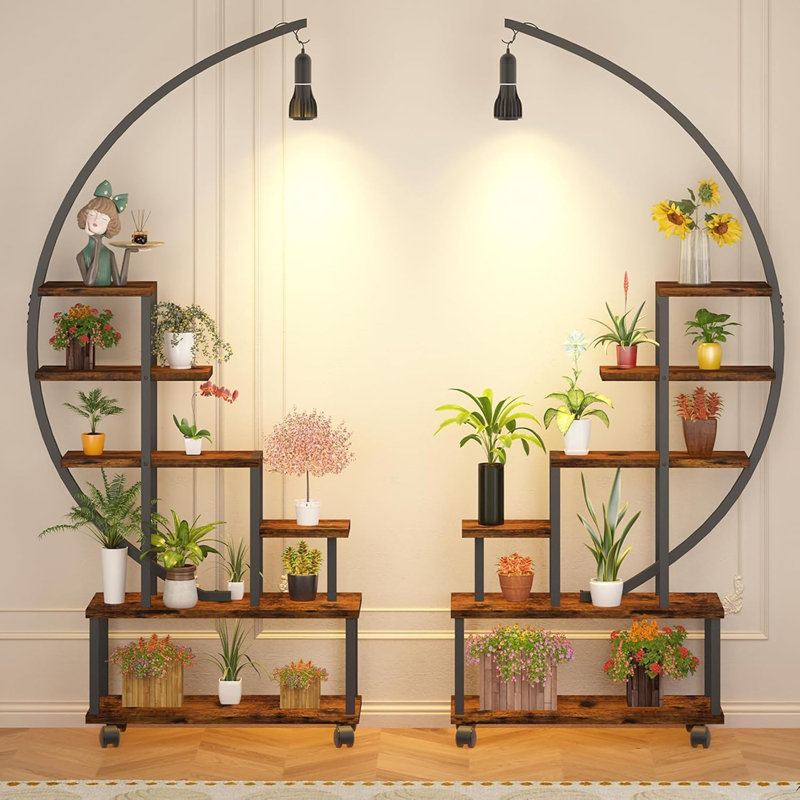Tablette pour plantes avec plantes et roues, grand support pour plantes d'intérieur, grande tablette en métal à 6 niveaux en forme de demi-lune