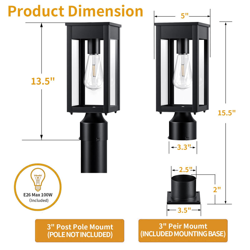 Lampadaire solaire extérieur de 39,4 cm (15,5 pouces), allumage automatique crépusculaire, noir
