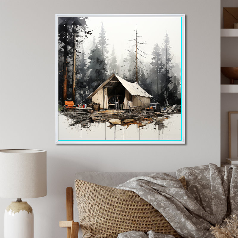 Tente de camping dans un paysage hivernal, Cadre flottant blanc, H 16 po x l 16 po x P 1 po