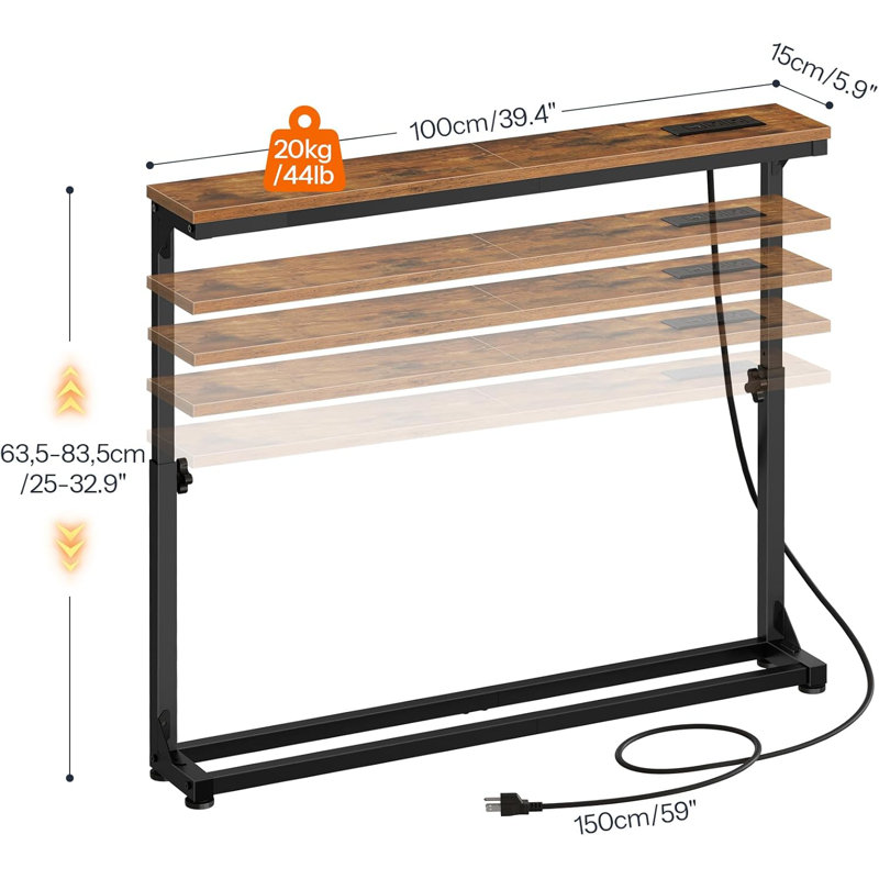 Narrow Console Table with Adjustable Height (25''-32.9'') Behind Couch Table with Power Outlets Narrow Long Sofa Table, 39.4" W x 5.9" D Rustic Brown