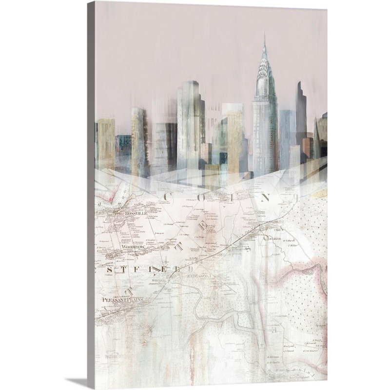 «Blush Manhattan Map II» par Isabelle Z - reproduction d'art sur toile, H 36 po x l 24 po x P 1,25 po, Toile tendue