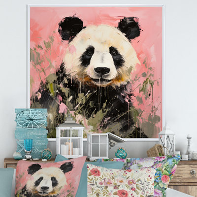 Panda blanc et rose en fleurs III - art mural animal panda