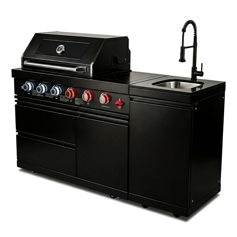 Îlot de barbecue 46 pouces 4 72000 avec hotte double, jauge de température et roulettes