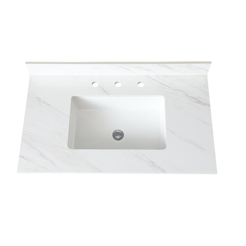 Plateau de meuble-lavabo blanc de 37 po avec pierre frittée avec dosseret de 4 po, lavabo central rectangulaire, trou de robinet pré-percé et nettoyage hygiénique