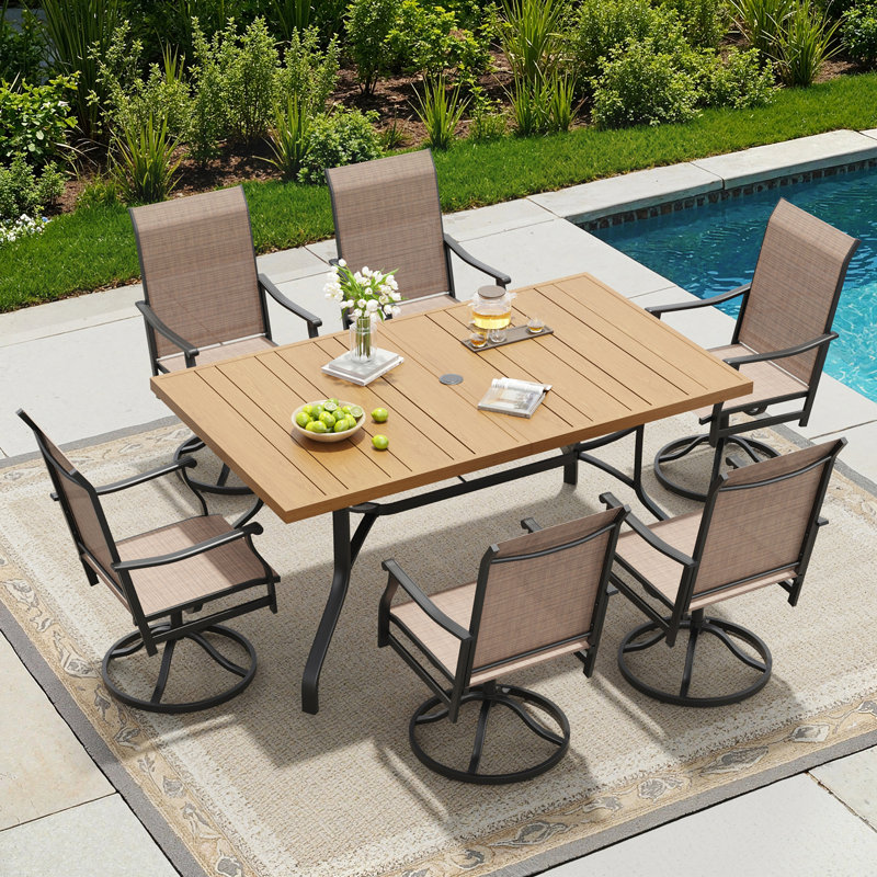 6-Person Steel Patio Dining Set with Swivel Chairs, Brown, Brown