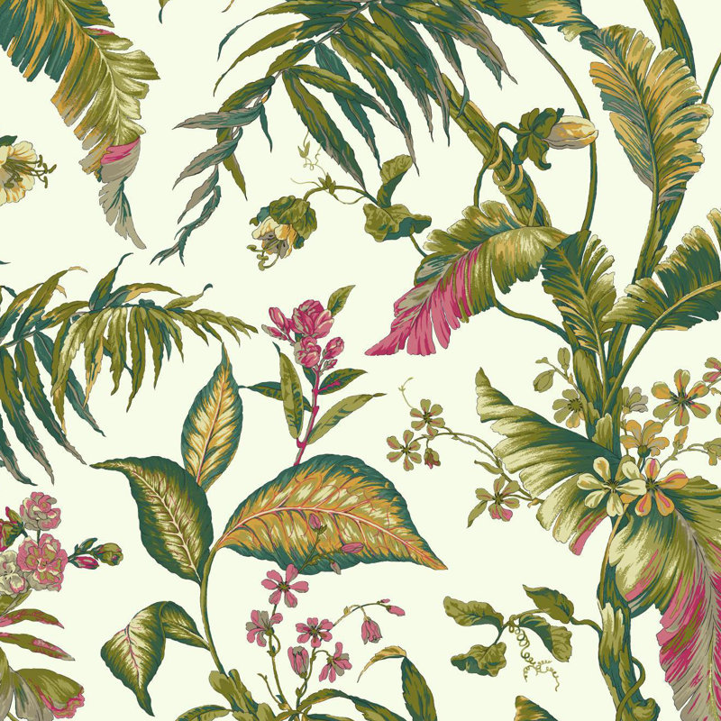 Wragby Garden 27' L x 27" W Wallpaper Roll, white, teal, aqua, pink, magenta, yellow/green