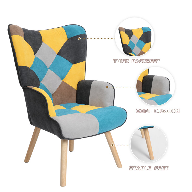 Fauteuil d'appoint en tissu de lin avec pieds en bois Patchwork, Noir / bleu / jaune / lin gris
