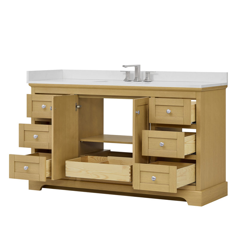 Meuble-lavabo simple 60 po Avery en noyer foncé, comptoir en marbre de culture de Carrare, lavabo carré encastrable (3 trous), garniture or brossé