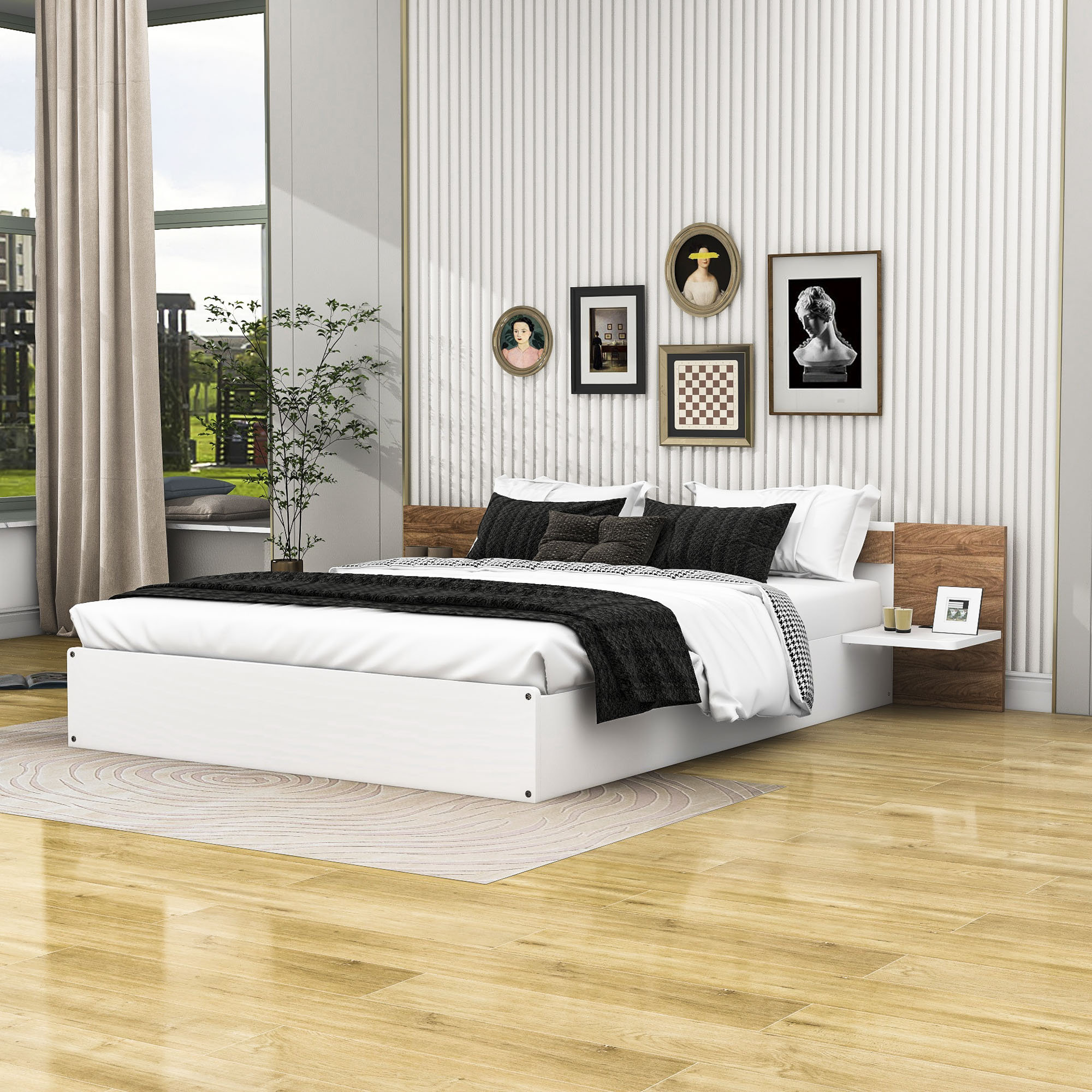 Latitude Run® Queen Wood Platform Bed with Shelves and USB and Sockets ...