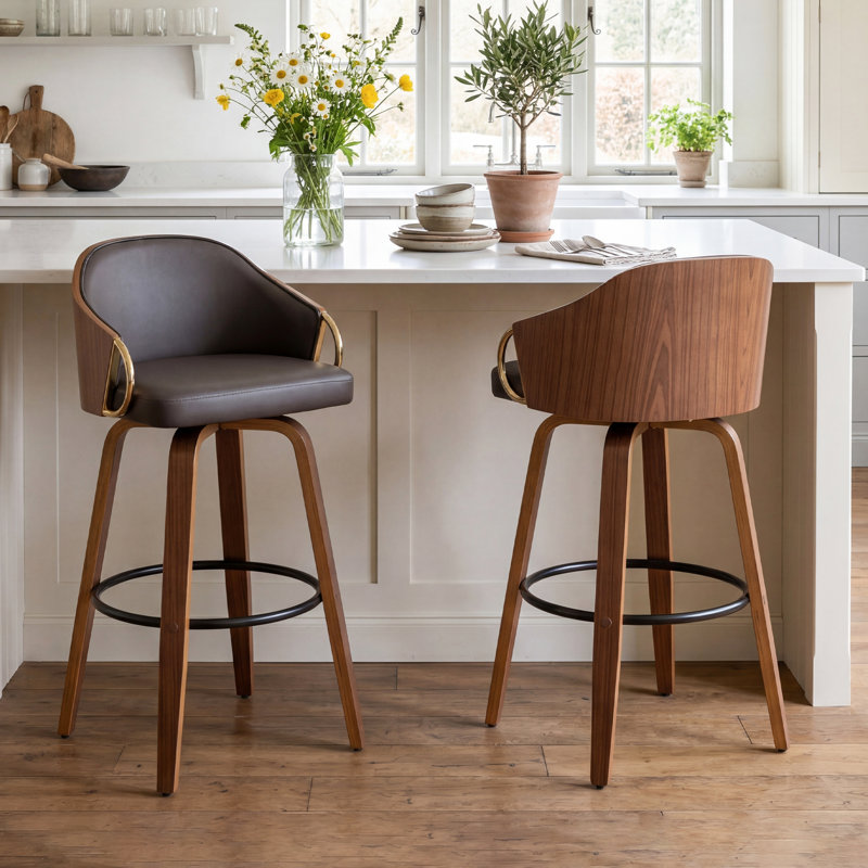 Mahtab Modern Set Of 2 Swivel Bar Stools With PU Upholstery And Wood Legs, Counter Stool (25" Seat Height), Dark Brown