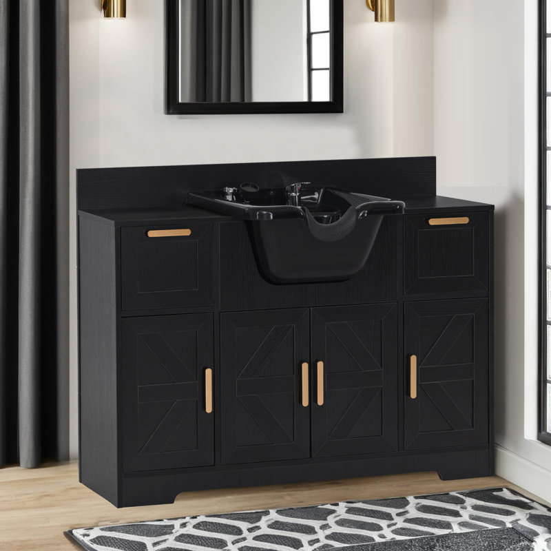 Shampoo Sink with Storage Cabinet and Drawer, Backwash Shampoo Bowl with Sprayer for Barber Salon Shop, Black/Black