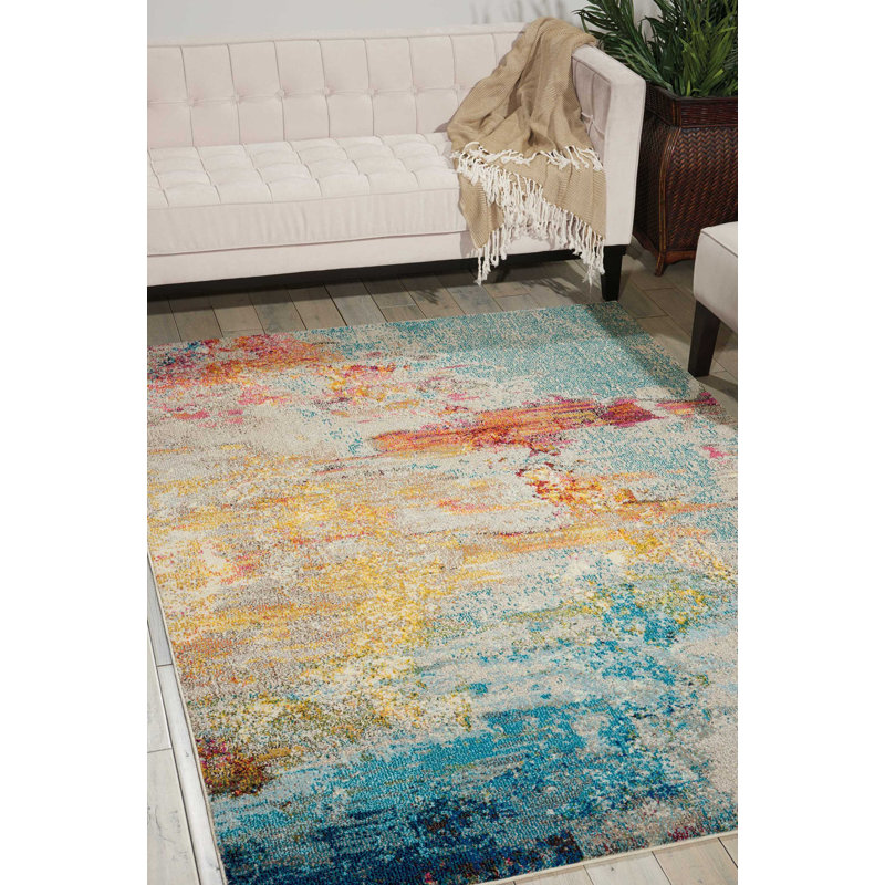 Tapis abstrait bleu / jaune Adrihana, Rectangle 6 pi 7 po x 9 pi 7 po