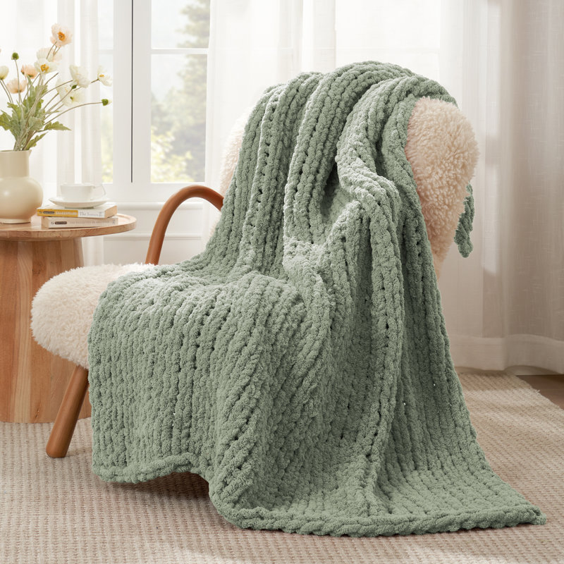  Handmade Chunky Knit Chenille Thick Soft Throw Blanket For Sofa, Bed, And Couch, 60" W x 80" L, Sage Green