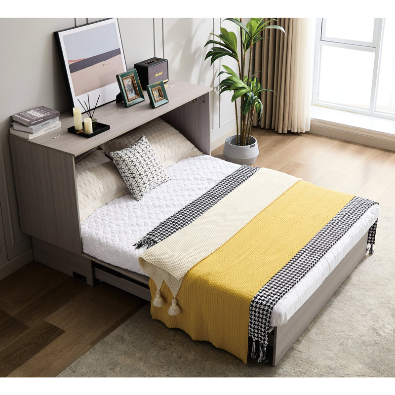 Grand lit avec compartiment de rangement, matelas pliant et plaque de charge, armoire convertible grise, gris, espace, Gris