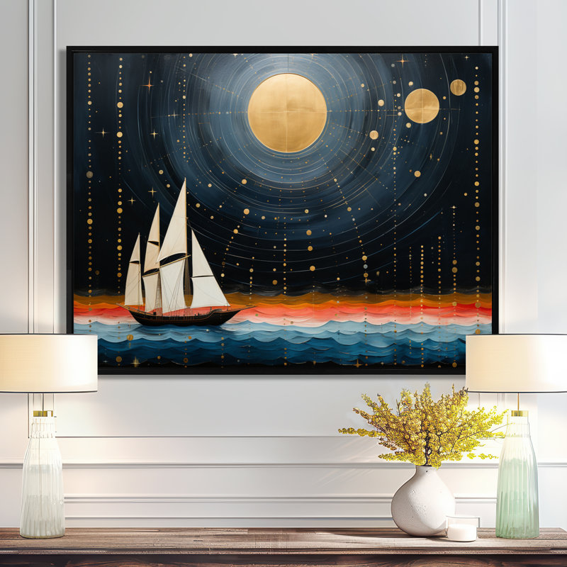 Voilier guidé par Dieu, pleine lune, océan, tranquillité - paysage abstrait, art mural, Toile avec cadre flottant noir