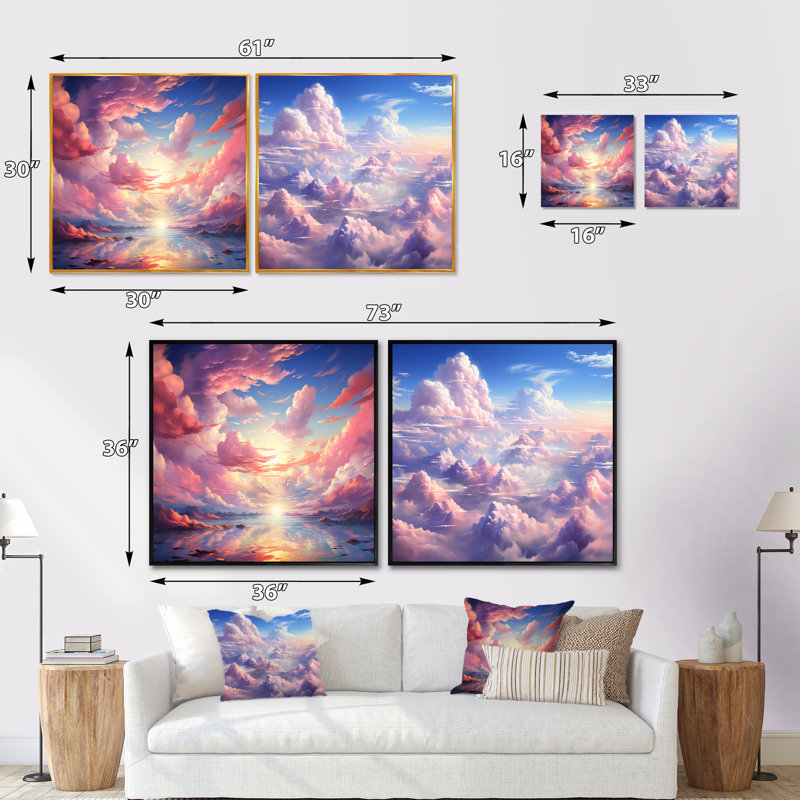 Kawaii Landscape Clouds - Clouds Square Collage, ensemble de 2, H 16 po x l 33 po, Cadre flottant brun
