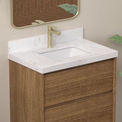 Quartz Stone 30" Rectangular Single Sink Vanity Top In Grain White With Undermount Ceramic Sink