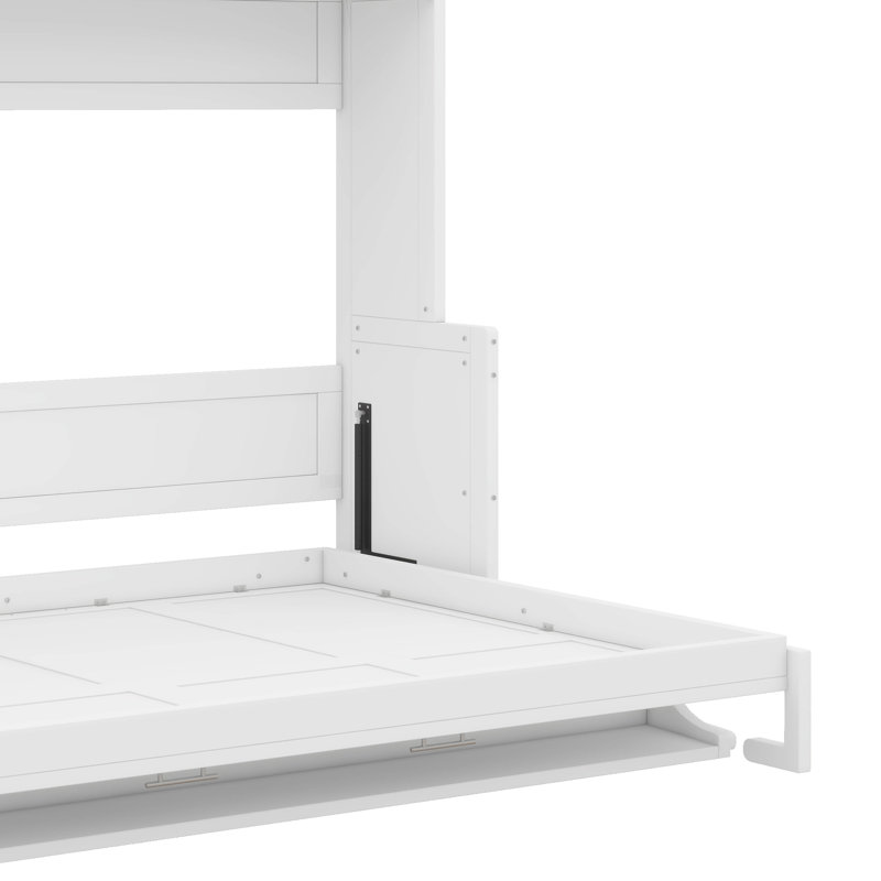 Grand lit escamotable élégant avec système de levage hydraulique et bureau intégré polyvalent, Blanc, Grand lit