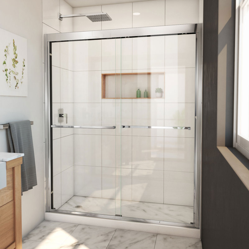 Porte de douche coulissante double sans cadre Duet Plus l 56 po x H 72 po, Chrome