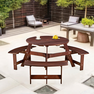 6 tables de pique-nique avec 3 bancs - trou de parasol, bord lisse, pour patio de jardin brun 6 trous encastrés et imperméables