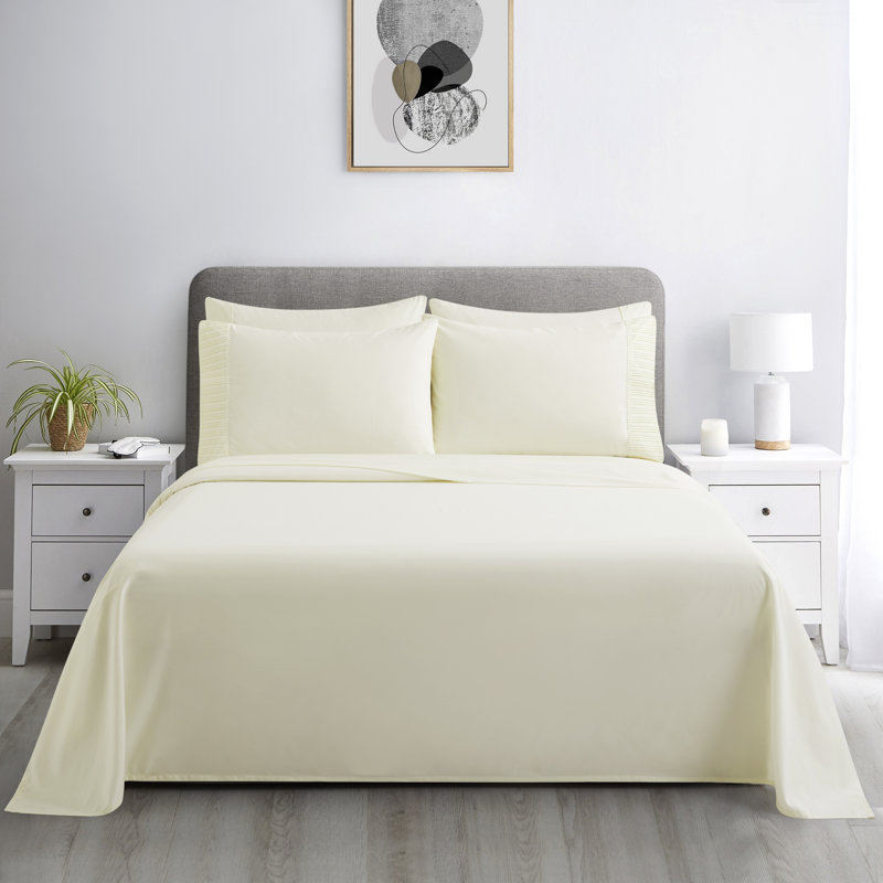 Ensemble de draps 6 pièces avec 4 taies d'oreiller plissés en rayonne de coton rayé ultra doux et soyeux Marina