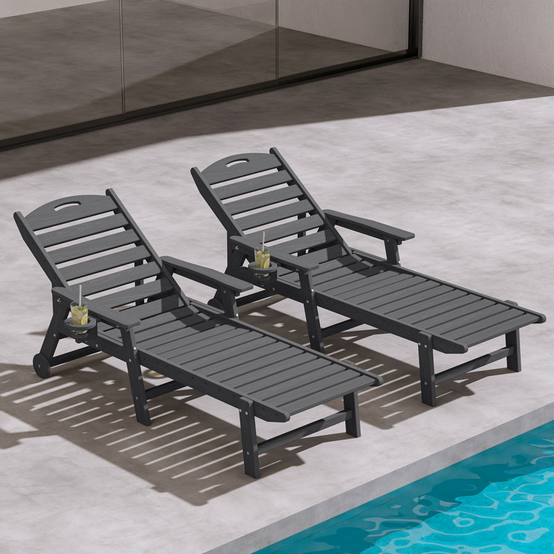 Oversized HDPE Chaise Lounges – Adjustable 5-Position Outdoor Recliners with Wheels & Cup Holders, Weather-Resistant for Patio, Pool, Garden