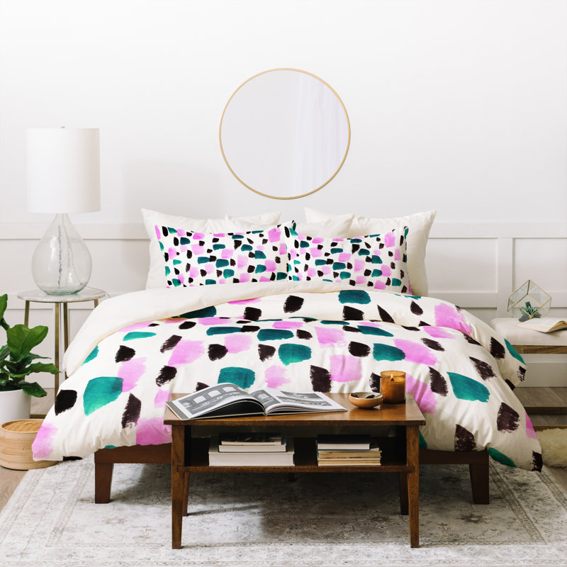 Polyester Abstract Duvet Cover, Queen Duvet Cover + 2 Shams, Pink/Green/Black