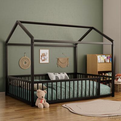 House Shaped Metal Floor Bed Frame with Fence, Easy Assemble