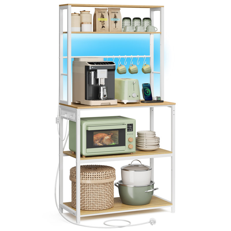 Coffee Bar With LED Lights, Kitchen Bakers Rack With Power Outlet, Beige/White